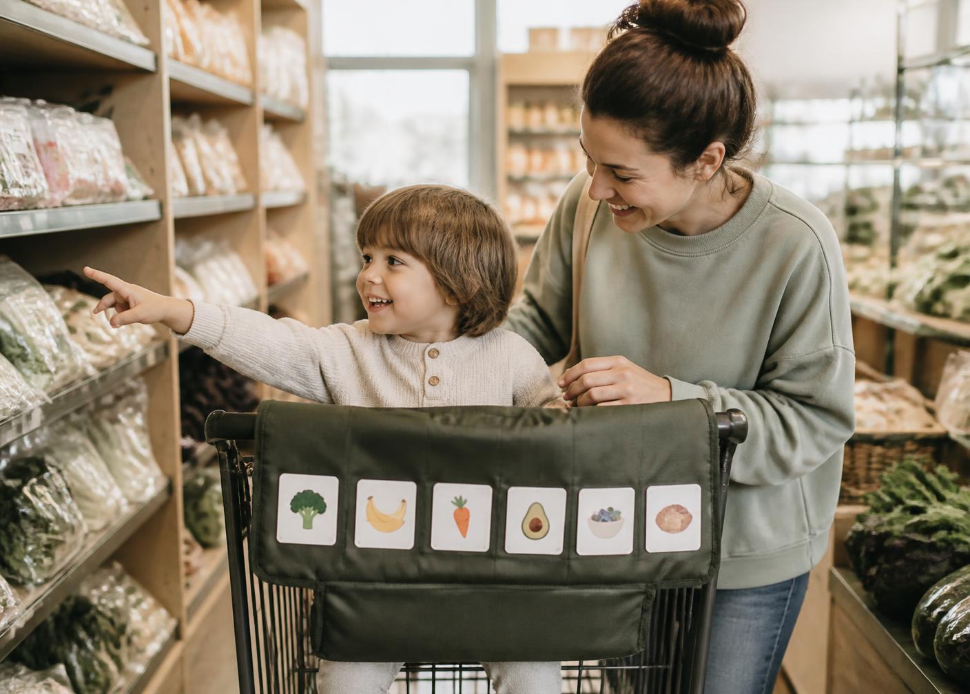 A parent and child shopping together with a QuietCart attachment on their cart