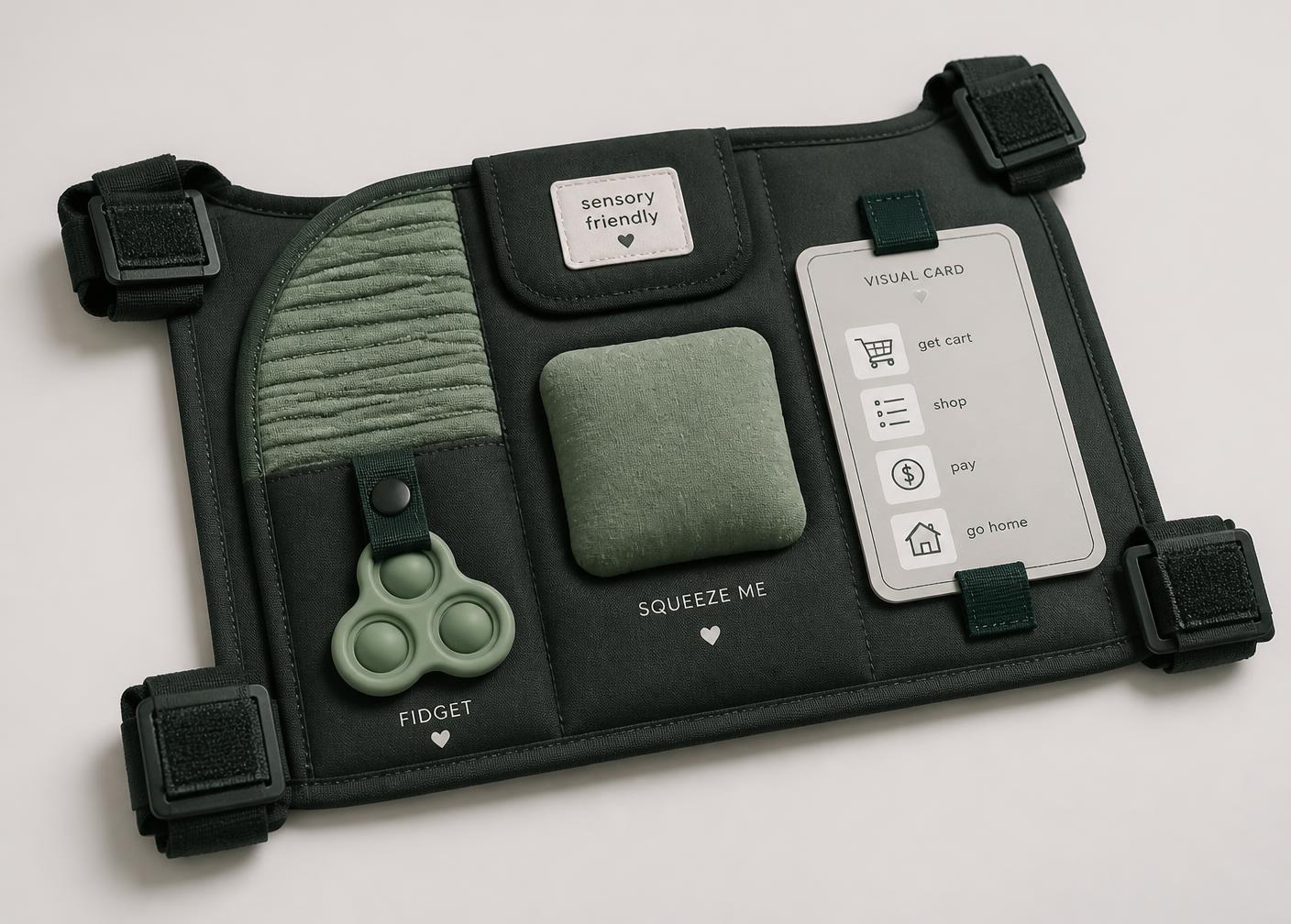 QuietCart attachment shown flat with padded backing, tactile strip, squeeze pad, fidget and visual card holder